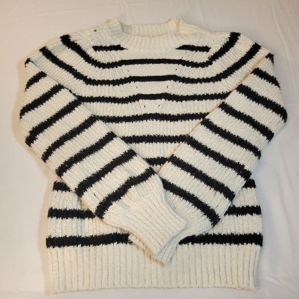 Maurices XS Striped Crewneck Sweater Womens White Black Textured Boucle Knit